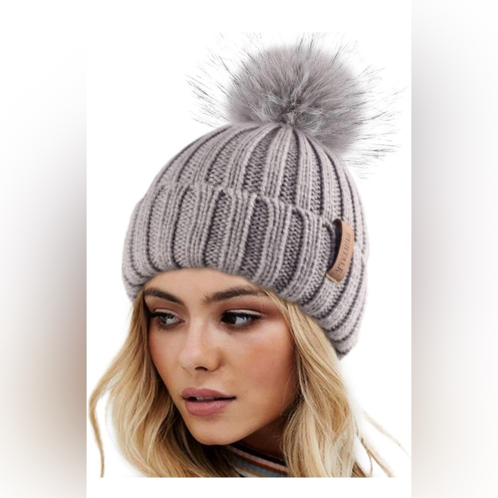 NWT Furtalk Pom Pom Grey Beanie Hat